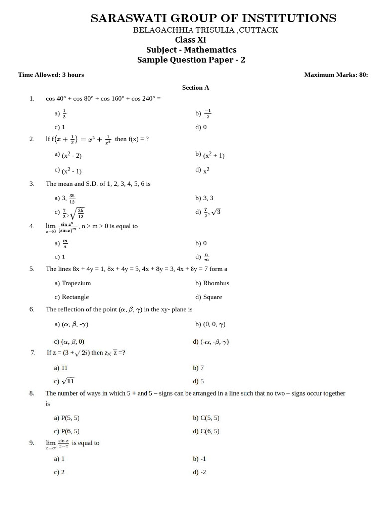 Cbse Xi Sample Paper 2 2025 Sgi Xi | PDF | Mathematics