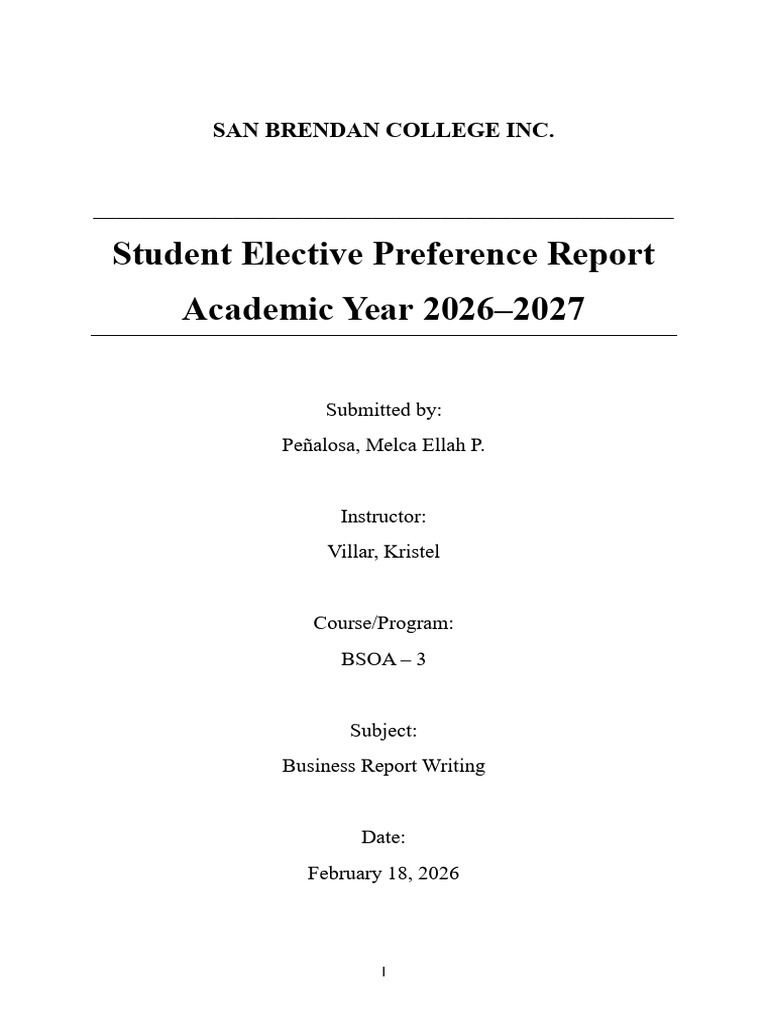 Student Elective Preference Report Academic Year 2026-2027: San Brendan ...