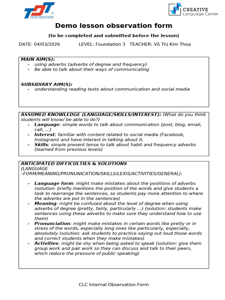CLC Demo Lesson Observation Form - To Be Completed and Submitted Before ...