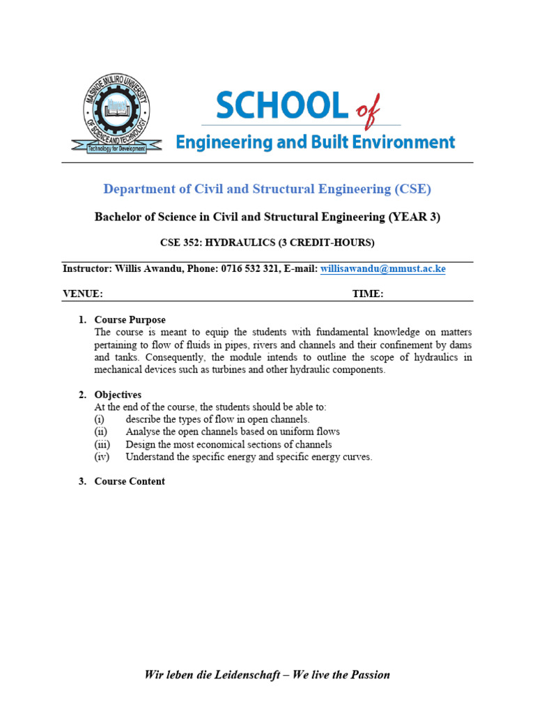 CSE 352 Hydraulic Course Outline | PDF | Pump | Fluid Dynamics