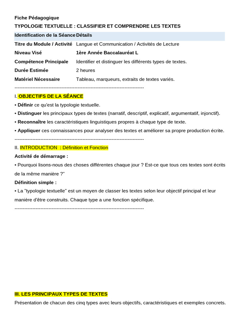 Fiche Pédagogique Typologie Textuelle | PDF