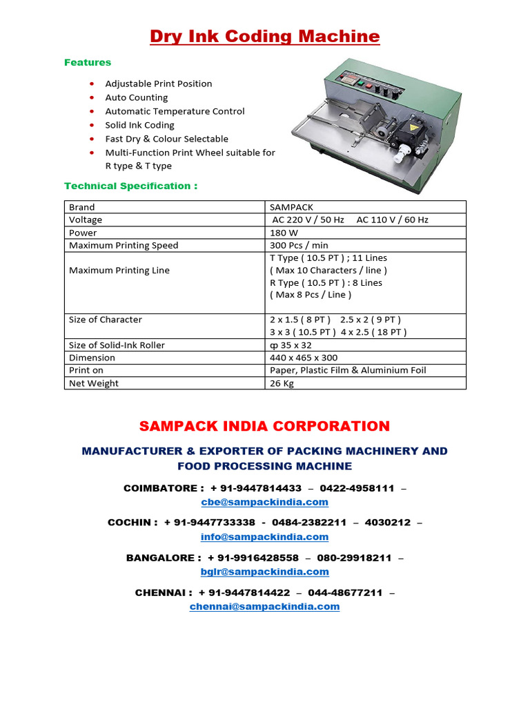 Dry Ink Batch Coding Machine | PDF
