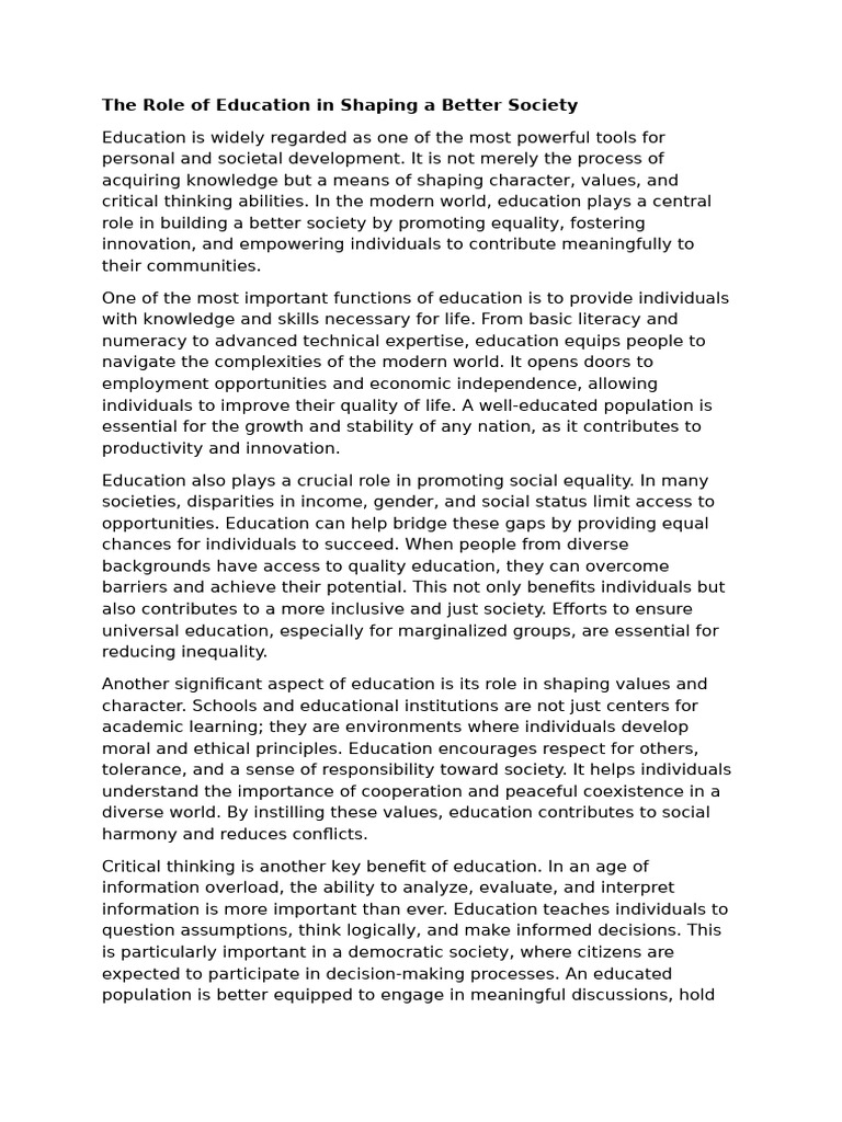 The Role of Education in Shaping A Better Society | PDF