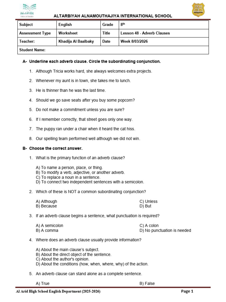 Week 8 Gr.8 Grammar Lesson 48 Adverb Clauses | PDF