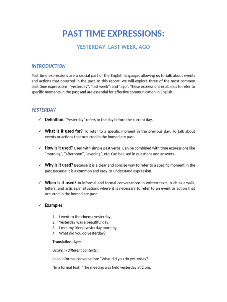 Past Time Expressions | PDF | English Language | Grammatical Tense