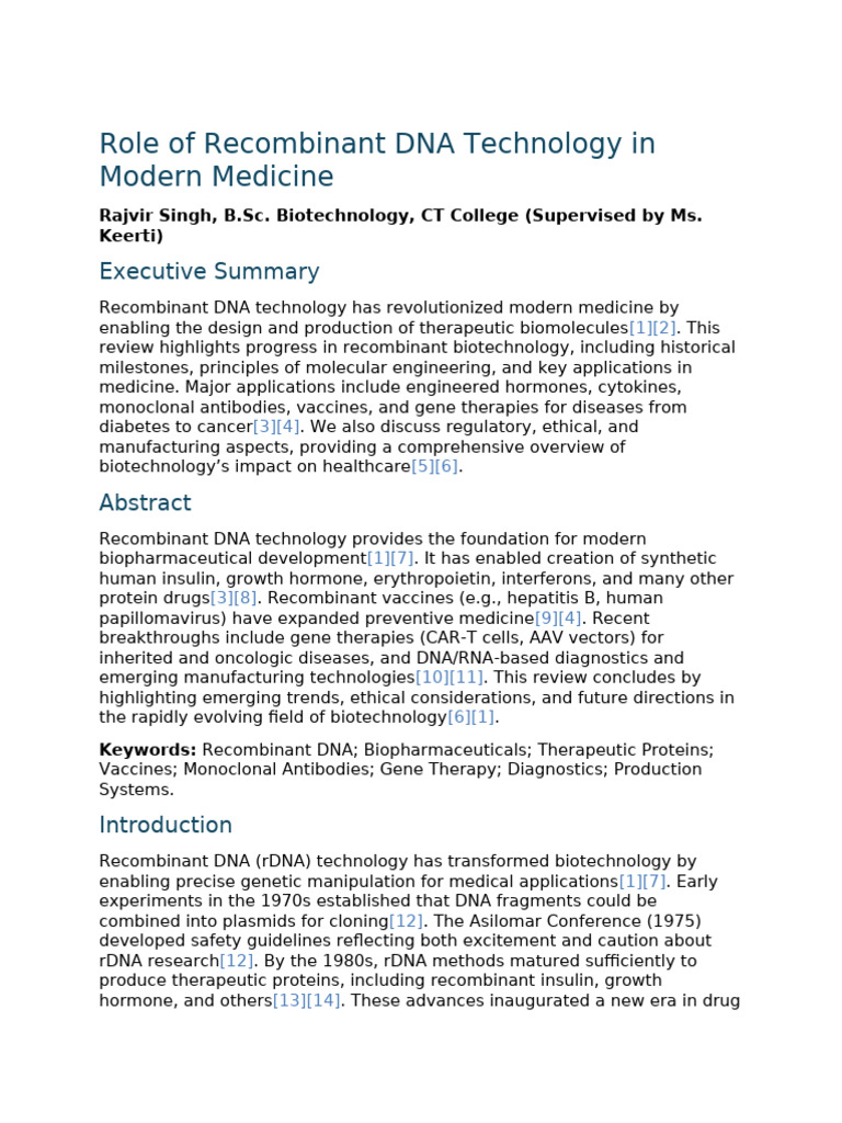 Role of Recombinant DNA Technology in Modern Medicine | PDF ...