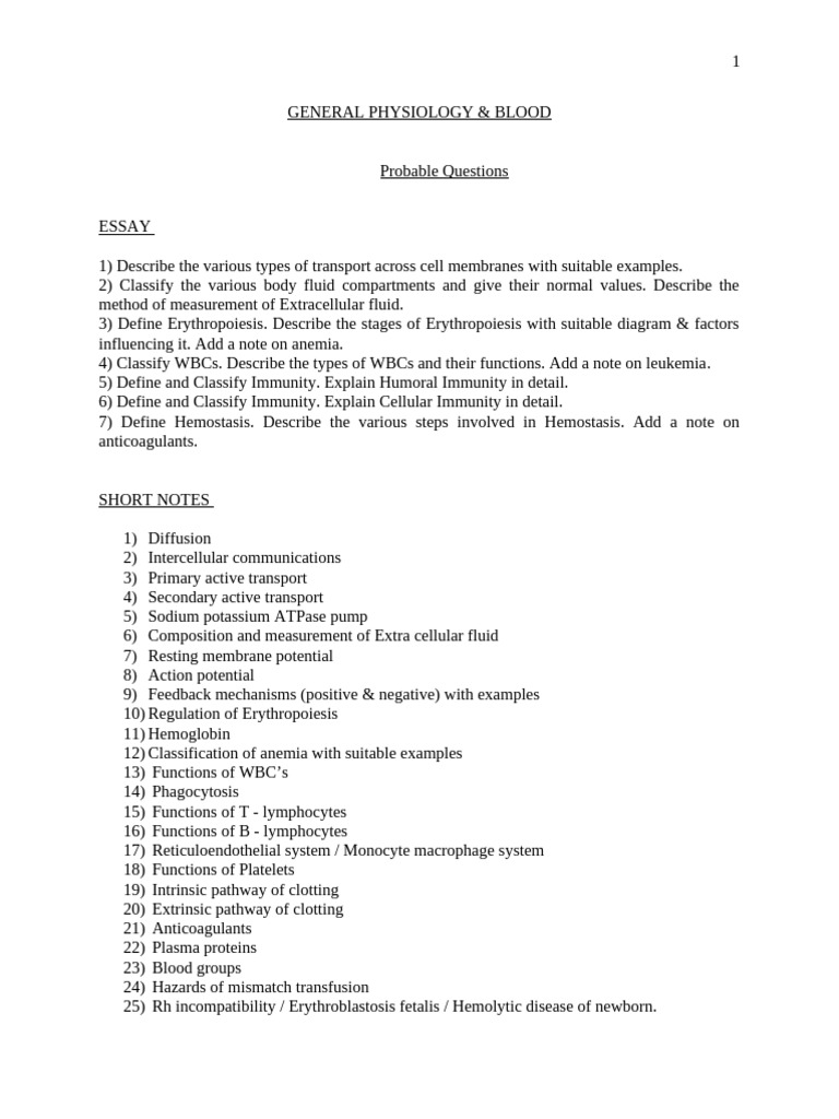 GP & BLOOD Important Questions | PDF