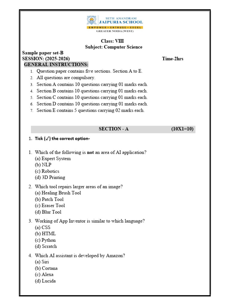 Sample 2 Set B Class 8 Computer Jaipuria | PDF