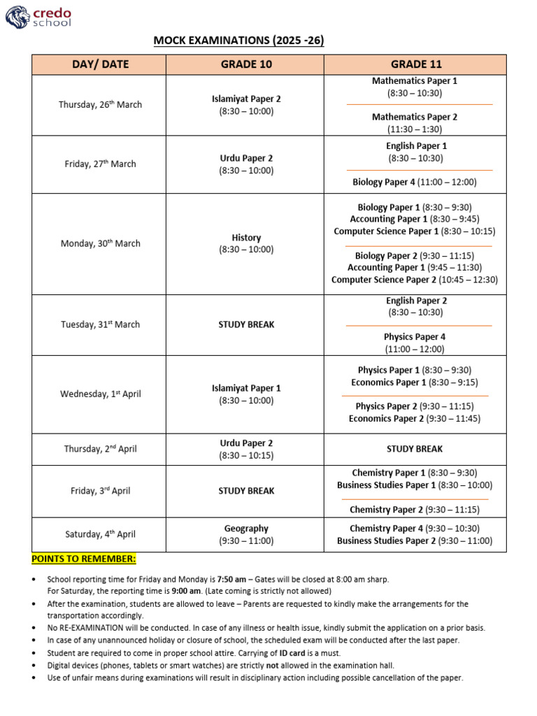 Timetable - Mock Examinations 25-26 | PDF