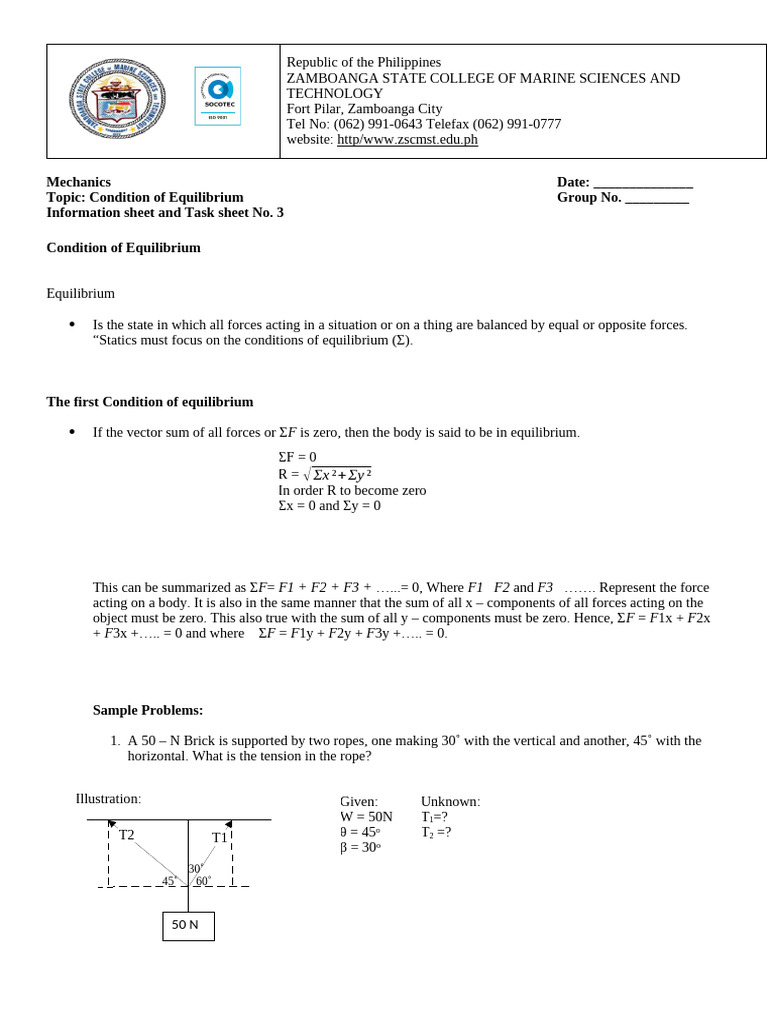 3 First Condition of Equilibrium | PDF | Force | Tension (Physics)