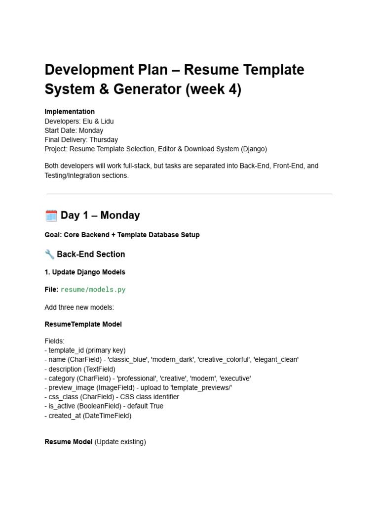 Development Plan - Resume Template System & Generator Week 4 | PDF