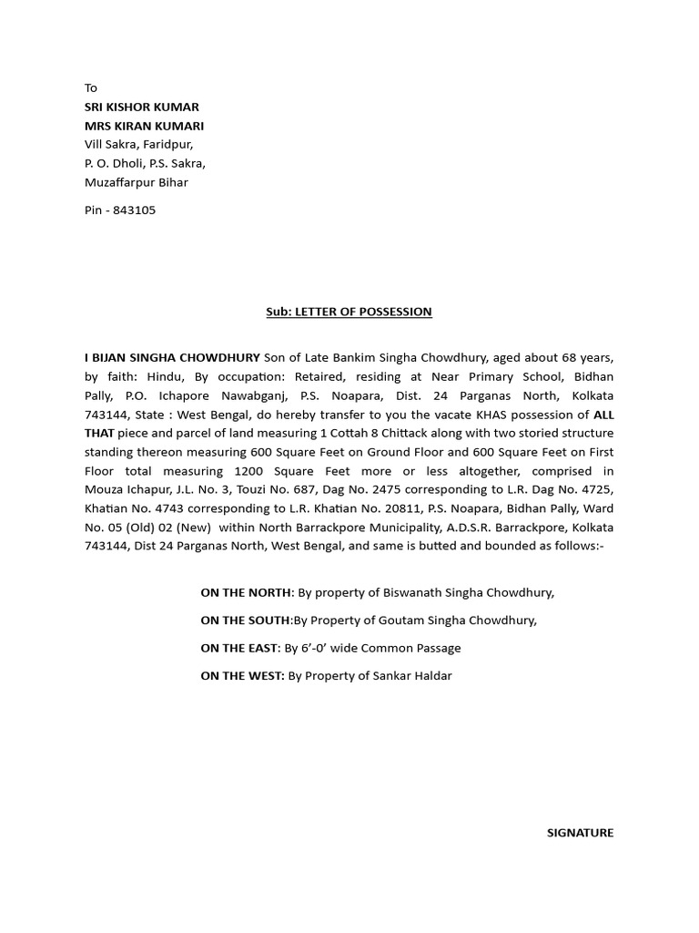Possession Letter | PDF