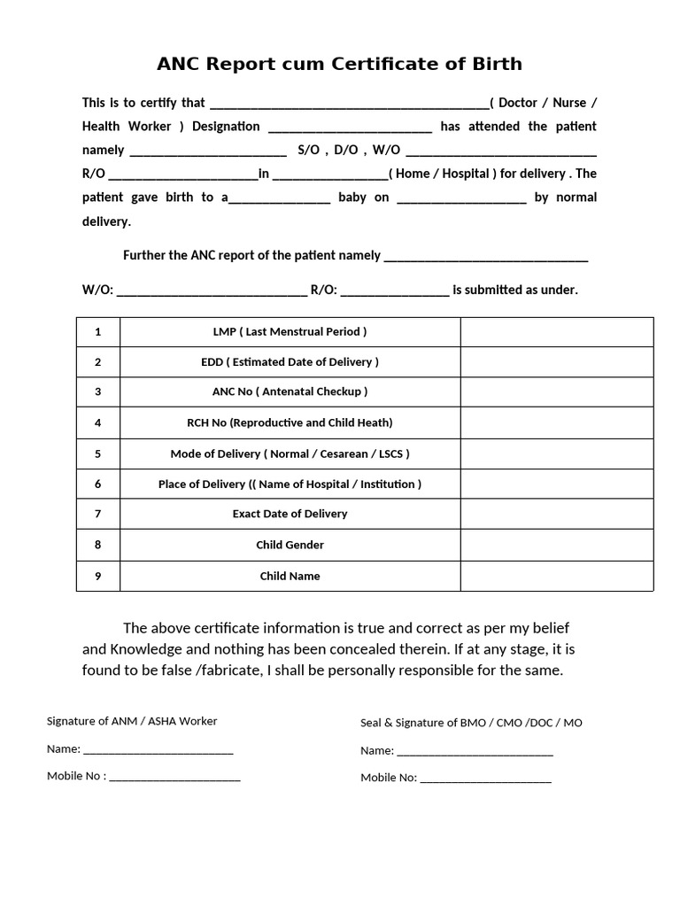ANC Report Cum Certificate of Birth | PDF
