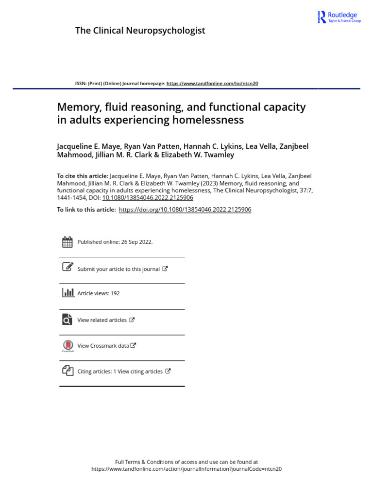 Memory Fluid Reasoning and Functional Capacity in Adults Experiencing ...