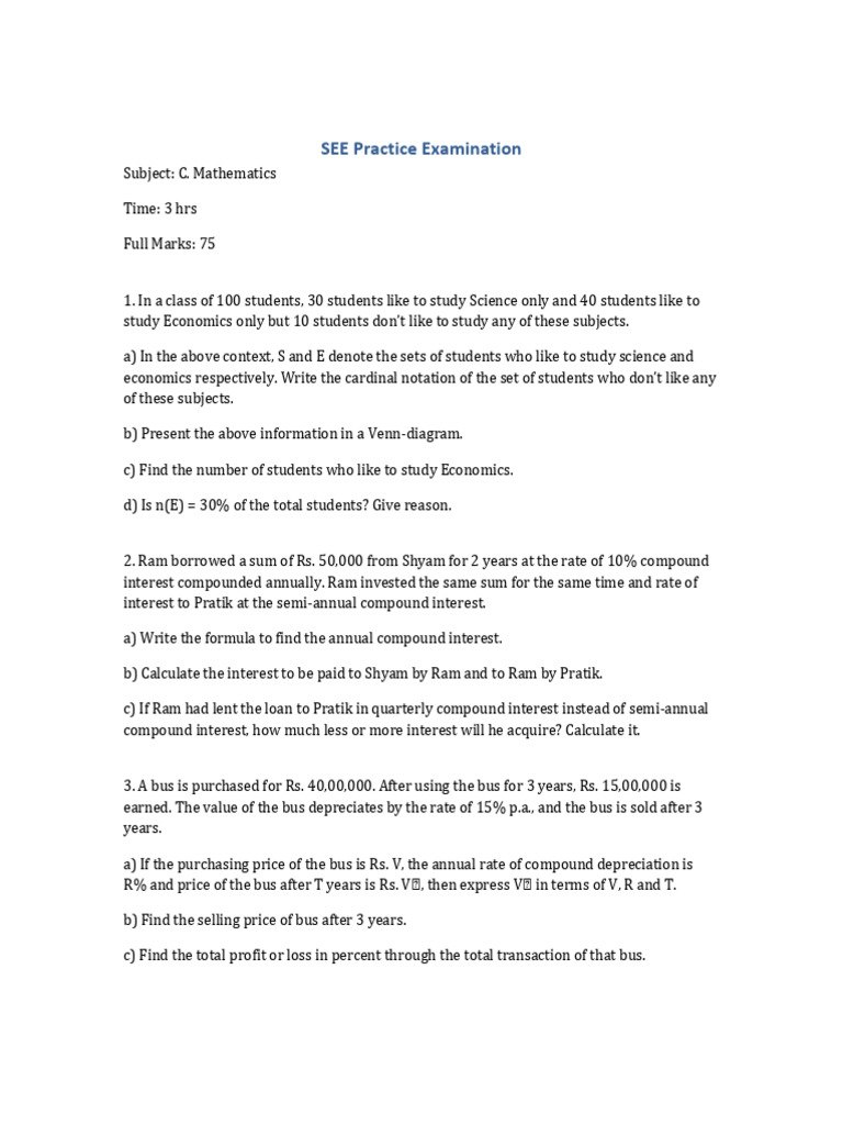 SEE Practice Examination | PDF | Interest | Compound Interest