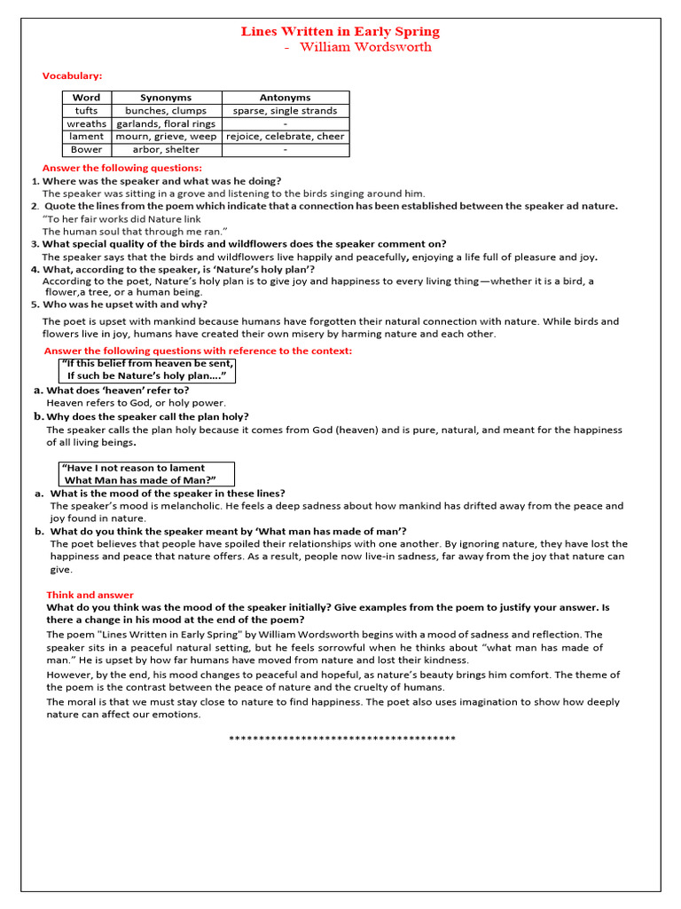 Lines Written in Early Spring Notes | PDF | Mood (Psychology) | Mental ...