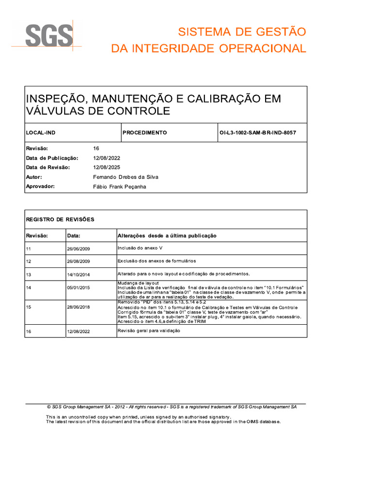 Procedimento Sgs (Valvula de Controle) | PDF