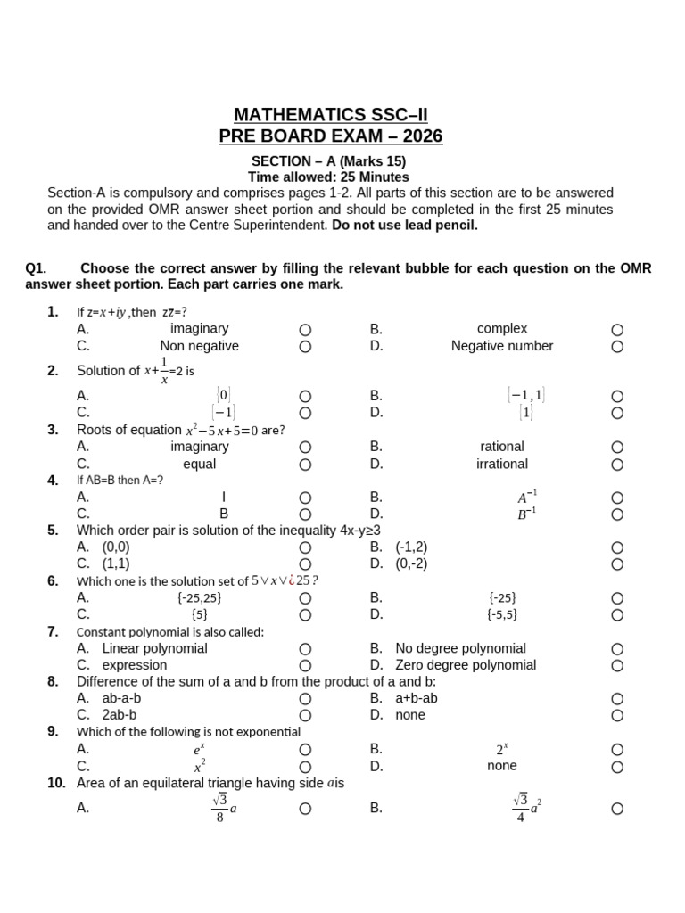Mathematics Ssc-Ii Pre Board Exam - 2026: SECTION - A (Marks 15) Time ...