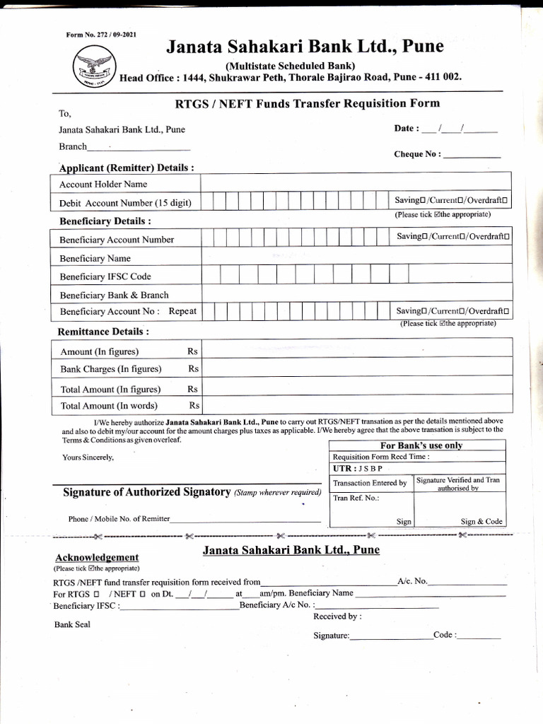 Janata Sahkari RTGS NEFT Form | PDF | Transaction Account | Payments
