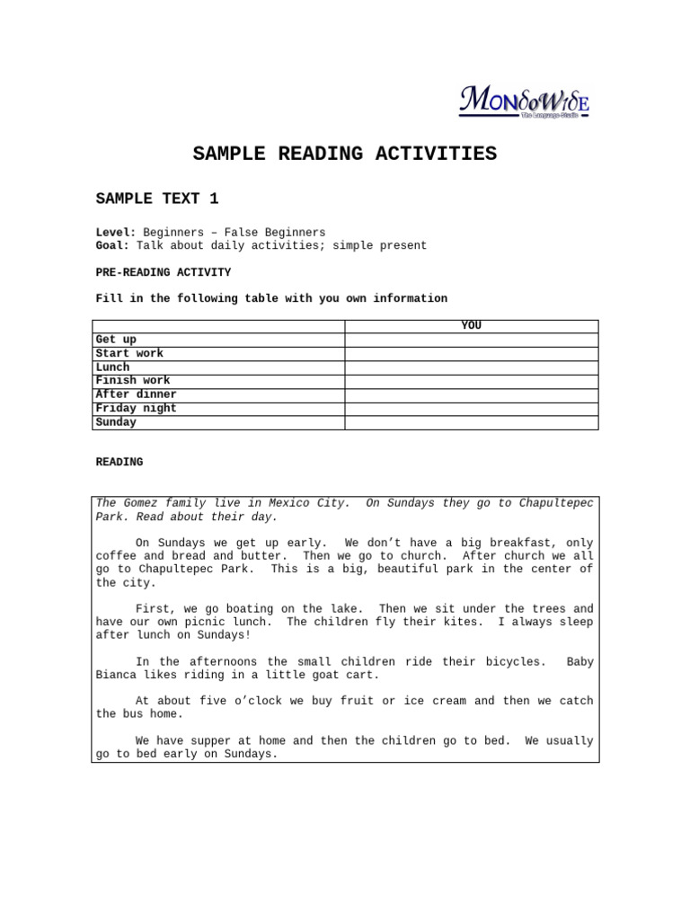 Sample Reading Activities | PDF | Paragraph