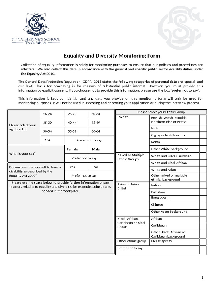 Equality and Diversity Monitoring Form | PDF
