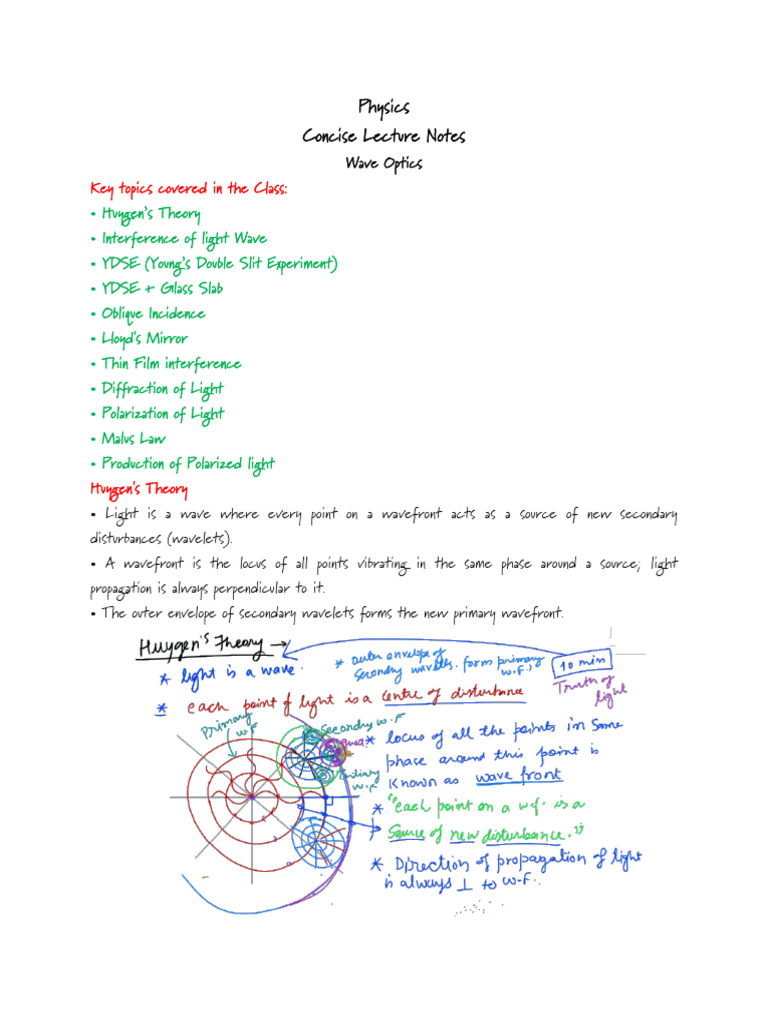 Wave Optics - Short Notes PDF | PDF | Polarization (Waves) | Waves