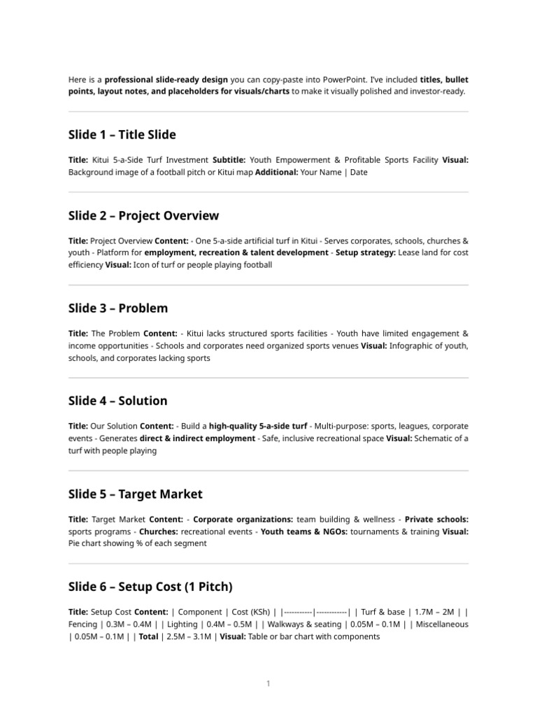Kitui Turf Investor Deck | PDF | Return On Investment | Economies