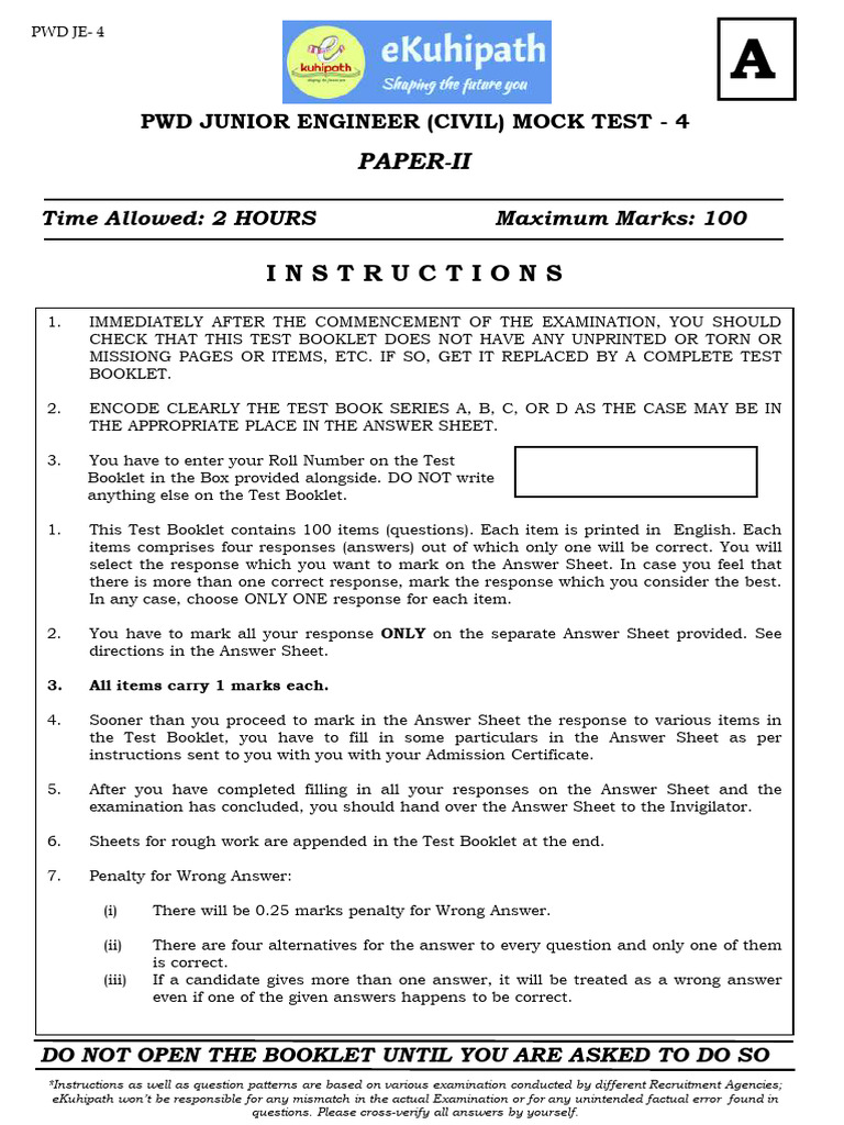 PWD Junior Engineer (Civil) Mock Test - 4 - Answer - Sheet | PDF