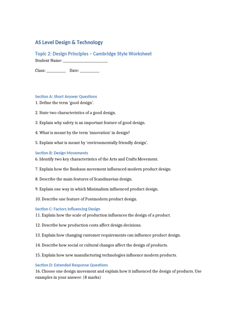 As Level Design Principles Worksheet | PDF