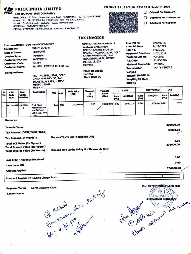 Frick Capex Materials Invoice | PDF