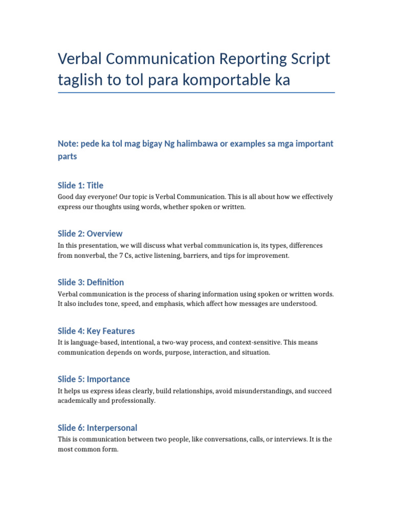 Verbal Communication Taglish Script | PDF | Communication | Nonverbal ...