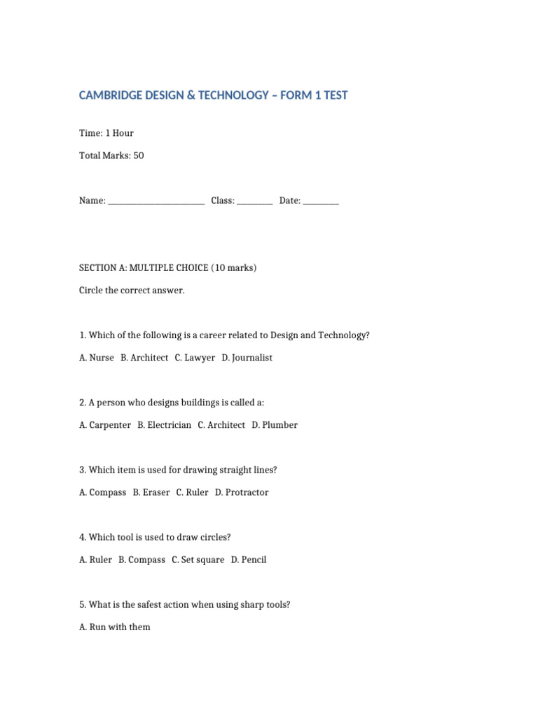 Form1 Cambridge DT Test | PDF | Drawing