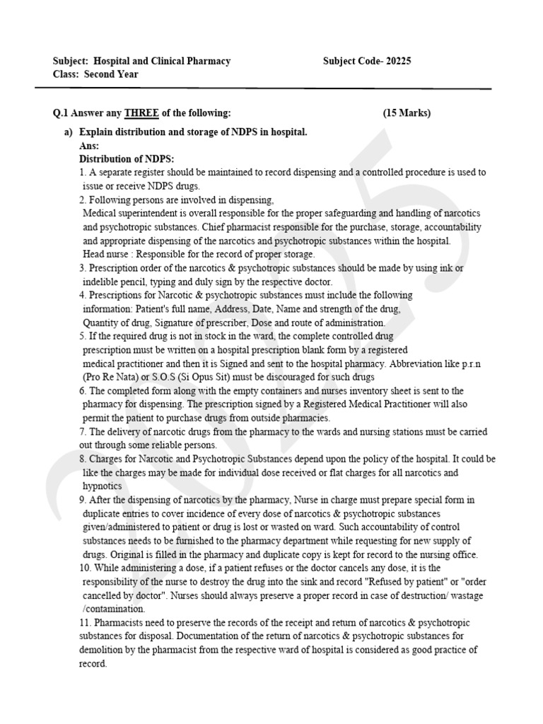 Subject: Hospital and Clinical Pharmacy Subject Code-20225 Class ...