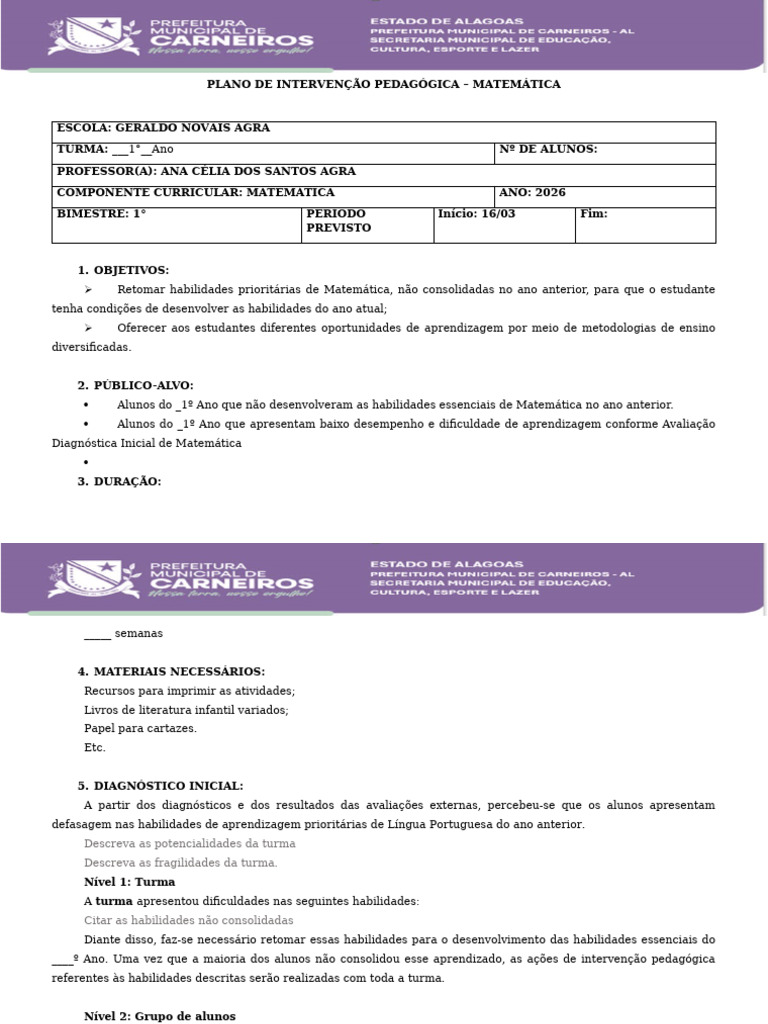 Plano de Intervenção Pedagógica - Modelo | PDF | Pedagogia | Aprendizado