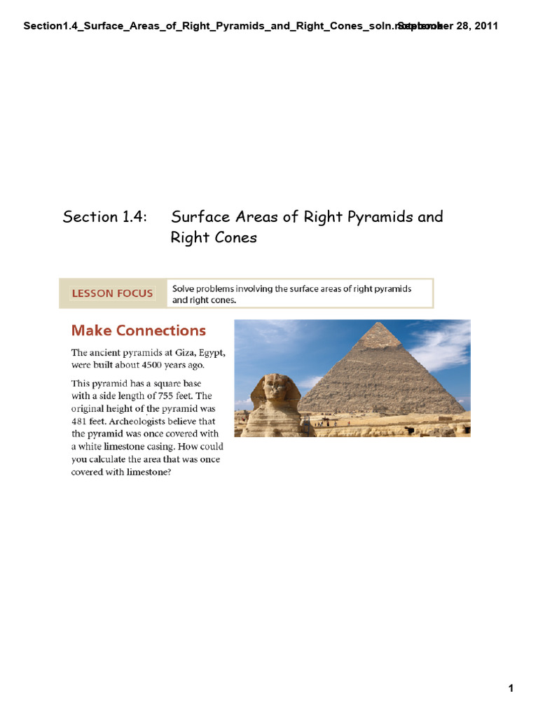Section1.4 Surface Areas of Right Pyramids and Right Cones Soln | PDF ...