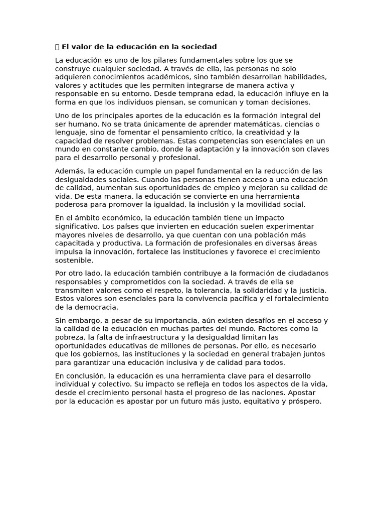 ? El Valor de La Educación en La Sociedad | PDF | Sociedad ...