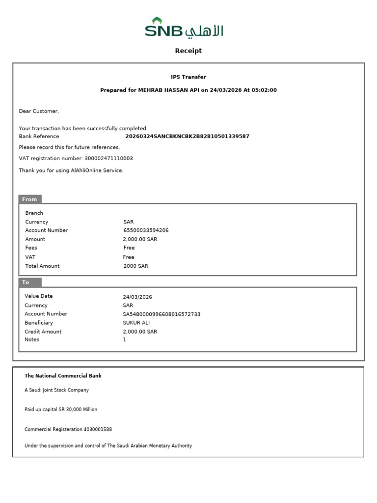 Receipt: IPS Transfer Prepared For MEHRAB HASSAN API On 24/03/2026 at ...
