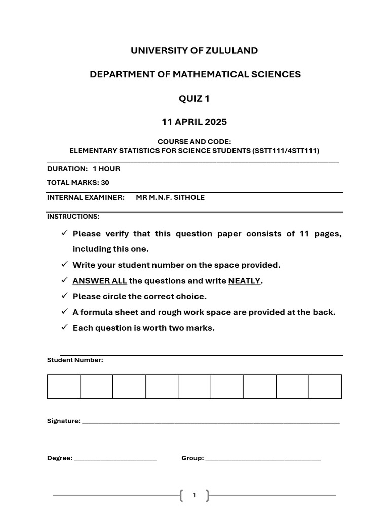 4STT111 Quiz 1 | PDF