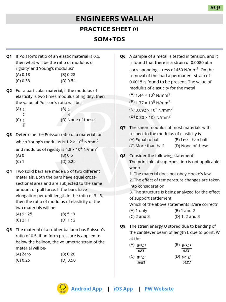 SOM+TOS - Practice Sheet 01 (English) | PDF | Bending | Young's Modulus