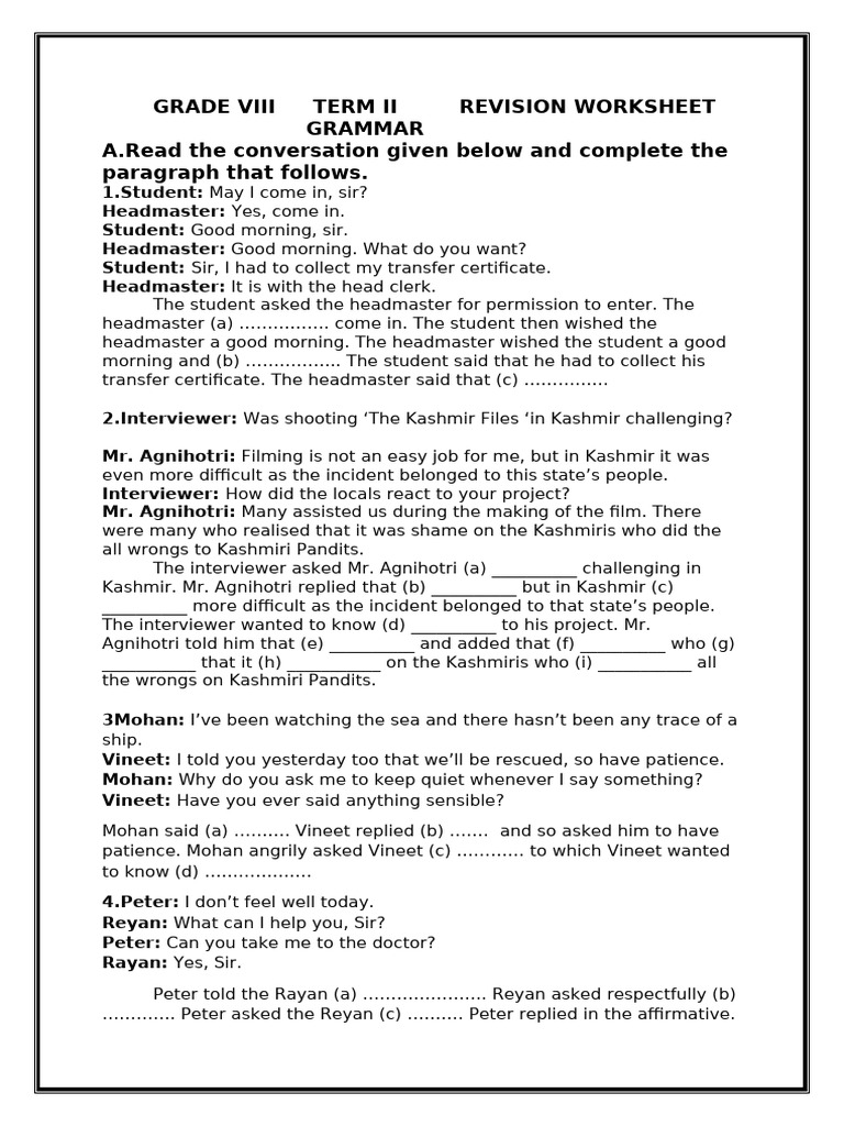 Grade Viii Term Ii Revision Worksheet | PDF
