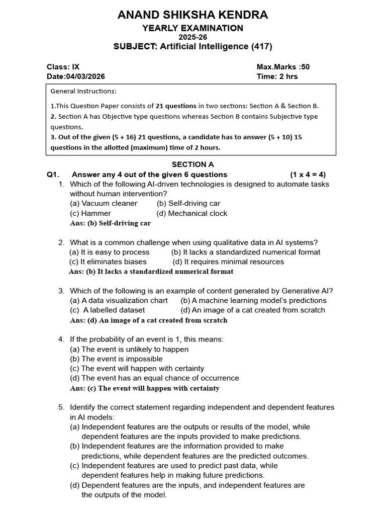 Answer Key YE Class IX AI | PDF | Artificial Intelligence ...