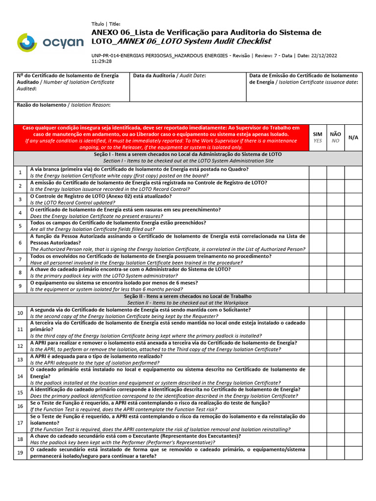 Anexo 06 Lista de Verificacao para Auditoria Do Sistema de LOTO LOTO ...