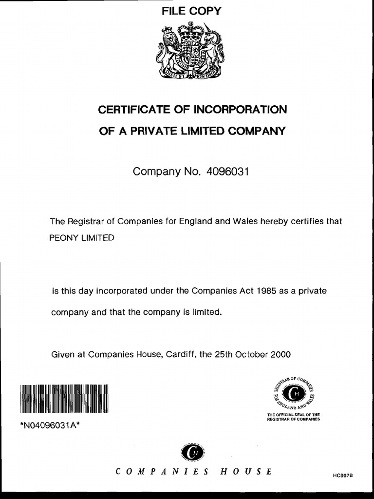 Companies - House - Certificate Incorporation | PDF
