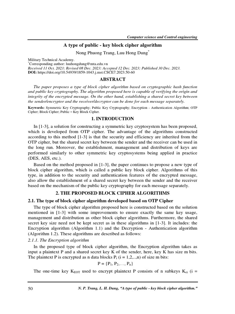A Type of Public Key Block Cipher Algori | PDF