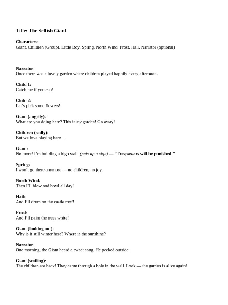 Selfish Giant Script | PDF