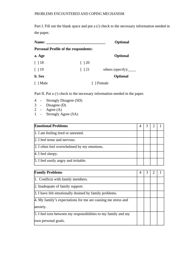 Questionnaire Coping Mechanism SOP 1 | PDF