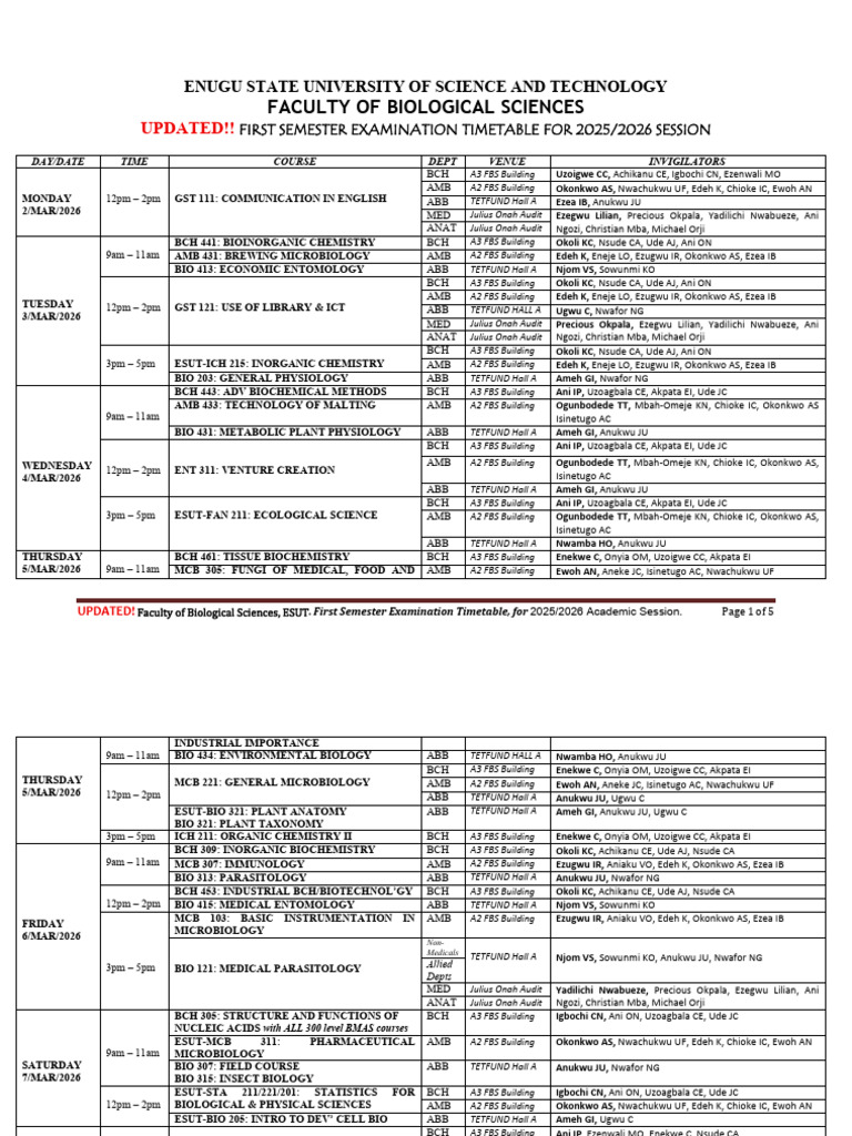 1st Sem 2025-2026 Exam Timetable For FBS | PDF