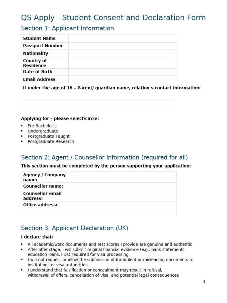 Qs Apply Consent and Declaration Form - Final | PDF