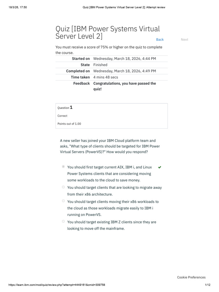 Quiz (IBM Power Systems Virtual Server Level 2) - Attempt Review | PDF