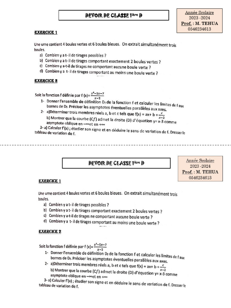 Exercice 1: Devoir de Classe 1 D | PDF